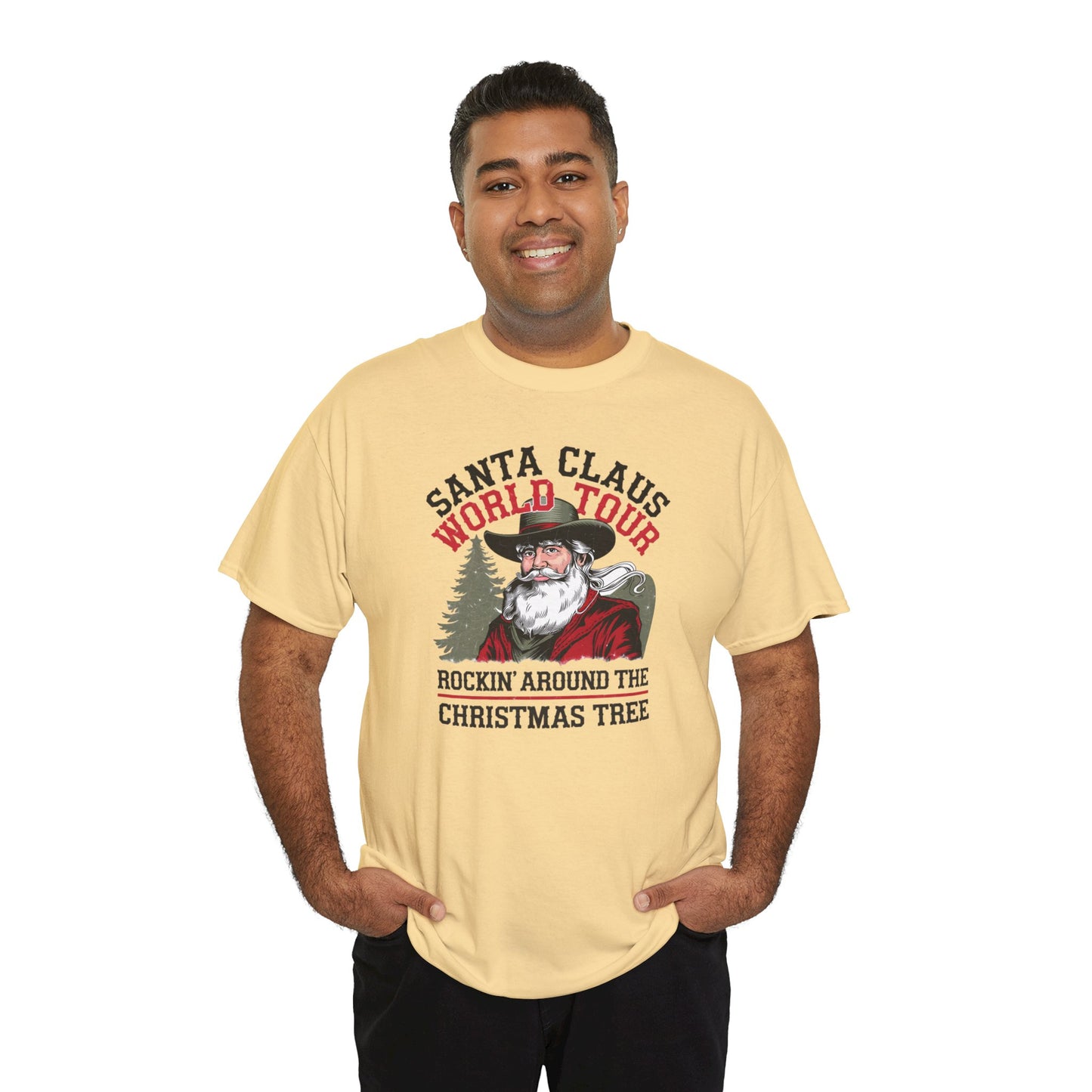 Cowboy Santa World Tour Unisex Heavy Cotton T-shirt - Christmas Funny Country Graphic Holiday Tee - sizes S - 5X