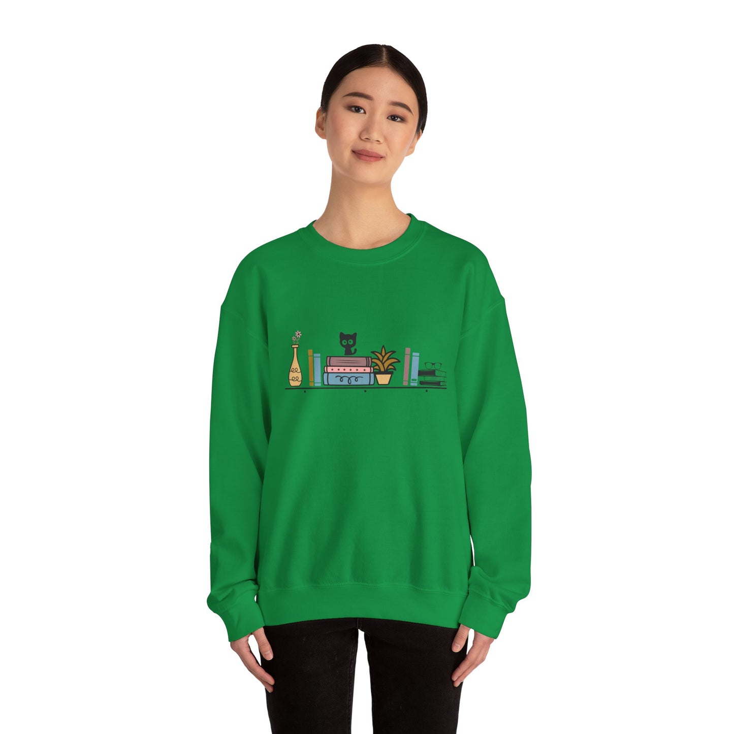 Unisex Heavy Blend™ Crewneck Sweatshirt - cute cat with books on bookshelf - sizes S - 3X