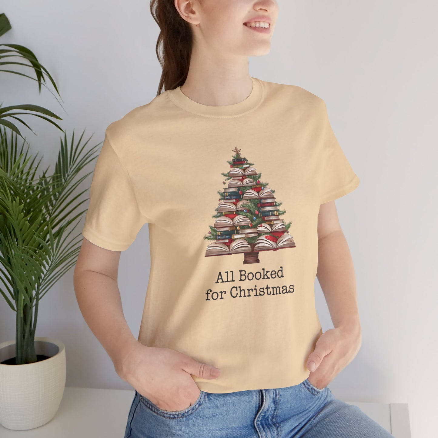 All Booked for Christmas, Book Christmas tree, Unisex Jersey Short Sleeve T-shirt - sizes S = 3X