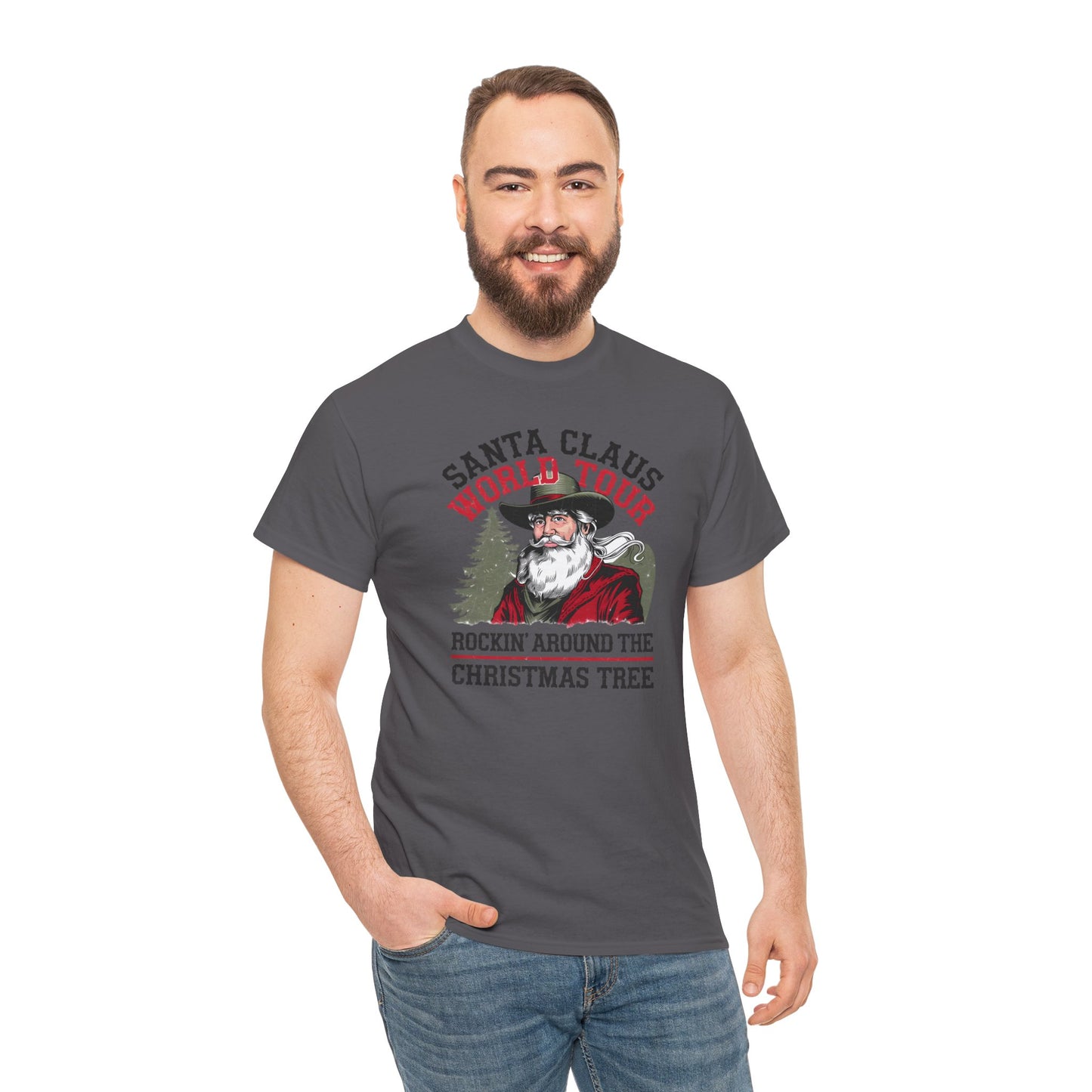 Cowboy Santa World Tour Unisex Heavy Cotton T-shirt - Christmas Funny Country Graphic Holiday Tee - sizes S - 5X