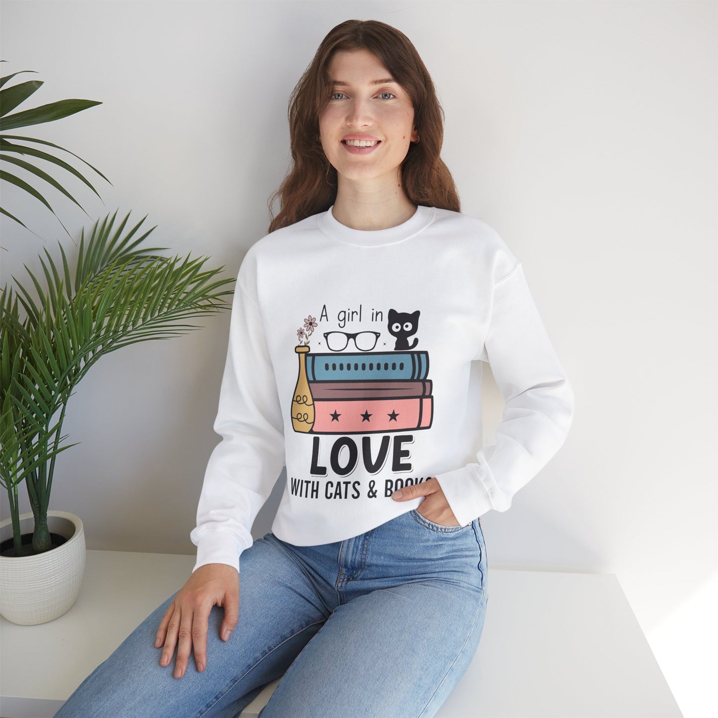 Just a girl who loves Cats and Books Unisex Heavy Blend Crewneck Sweatshirt