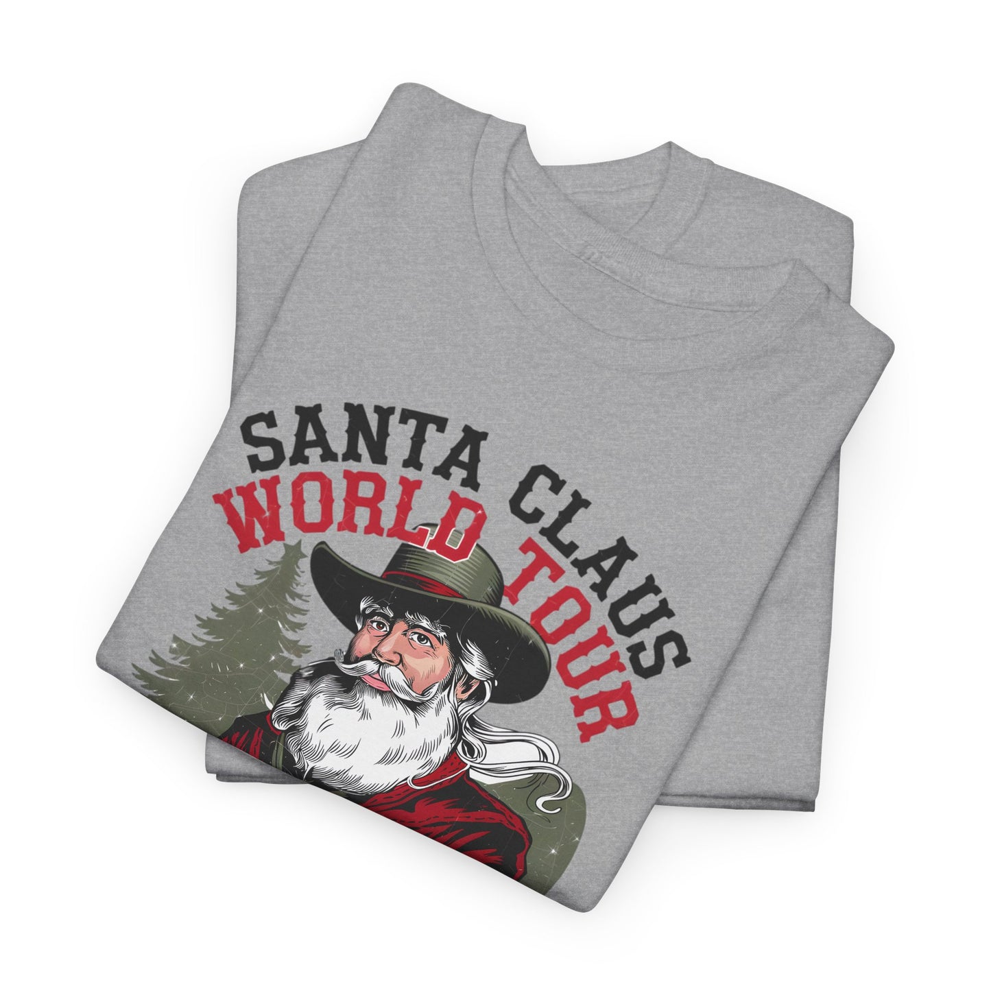 Cowboy Santa World Tour Unisex Heavy Cotton T-shirt - Christmas Funny Country Graphic Holiday Tee - sizes S - 5X