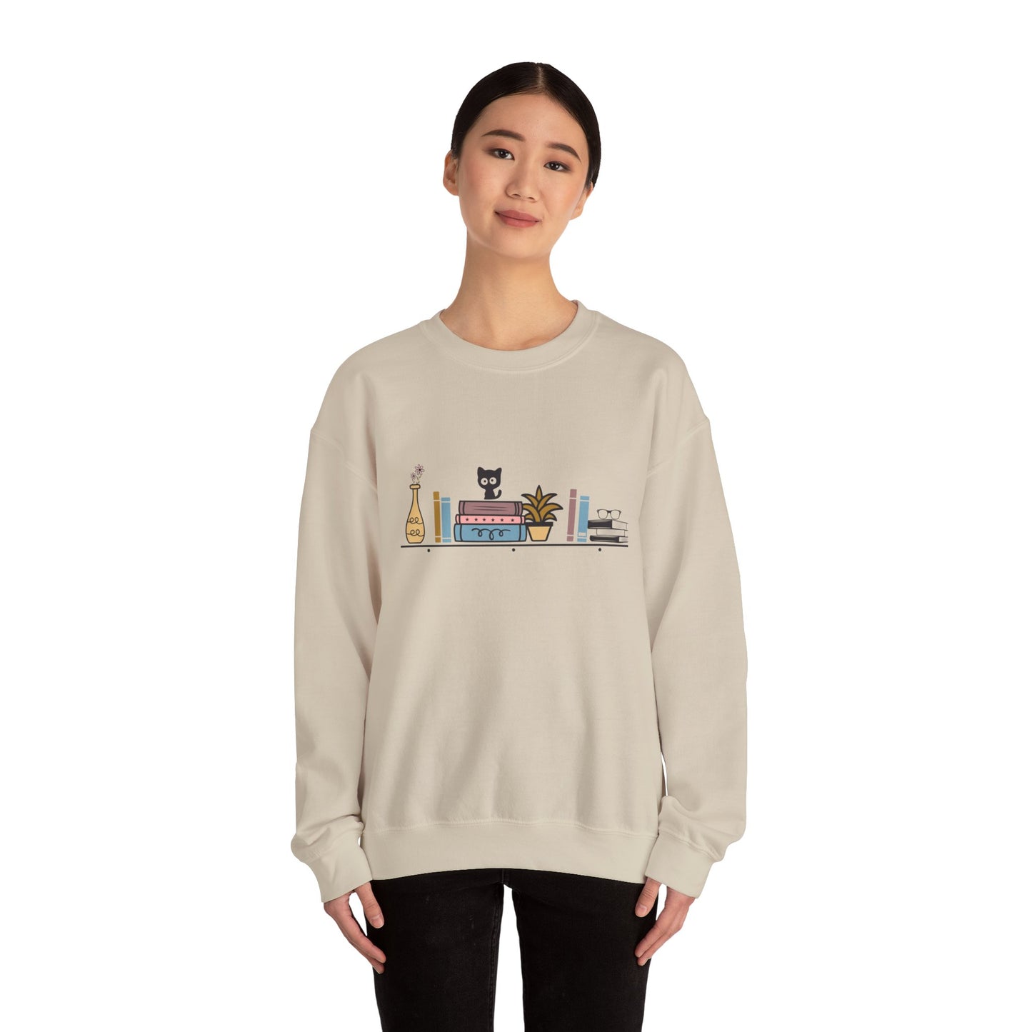 Unisex Heavy Blend™ Crewneck Sweatshirt - cute cat with books on bookshelf - sizes S - 3X