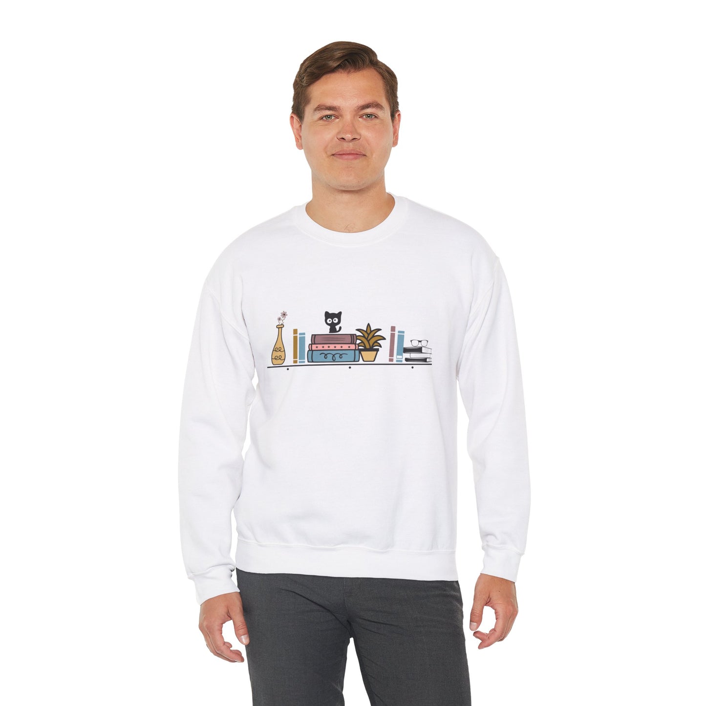 Unisex Heavy Blend™ Crewneck Sweatshirt - cute cat with books on bookshelf - sizes S - 3X