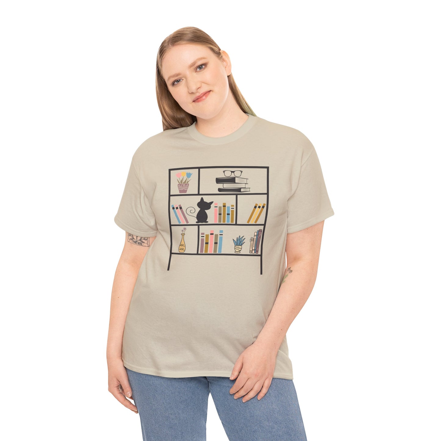 Unisex Heavy Cotton Tee - Bookshelf for books and cat