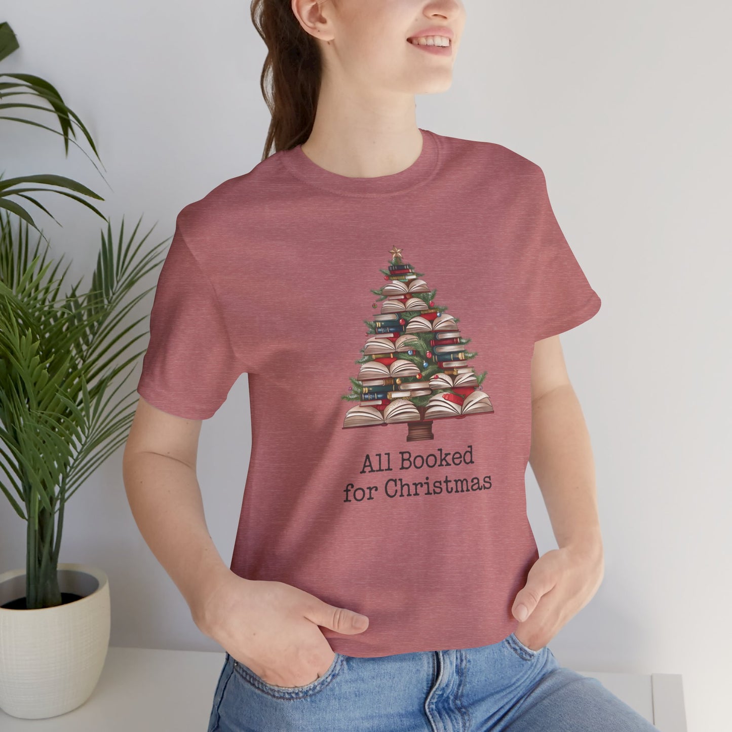 All Booked for Christmas, Book Christmas tree, Unisex Jersey Short Sleeve T-shirt - sizes S = 3X