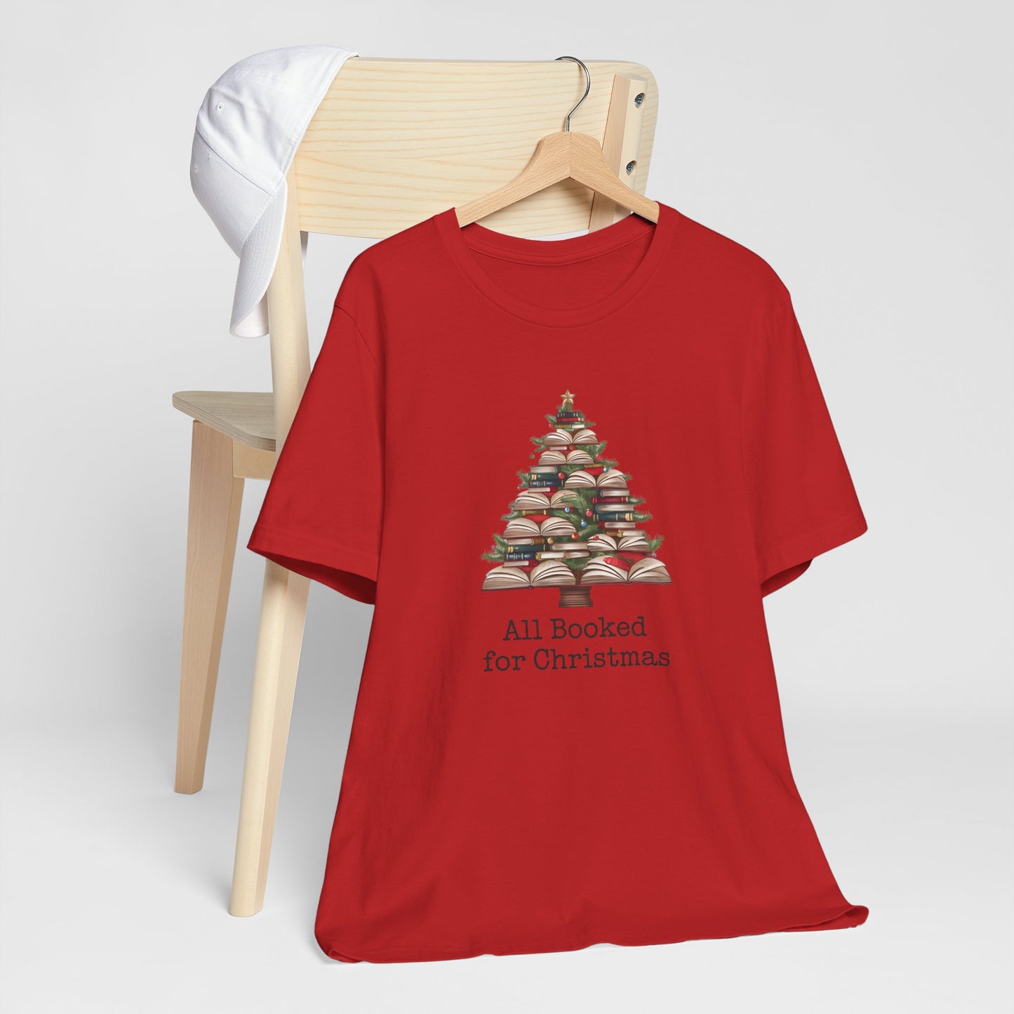 All Booked for Christmas, Book Christmas tree, Unisex Jersey Short Sleeve T-shirt - sizes S = 3X