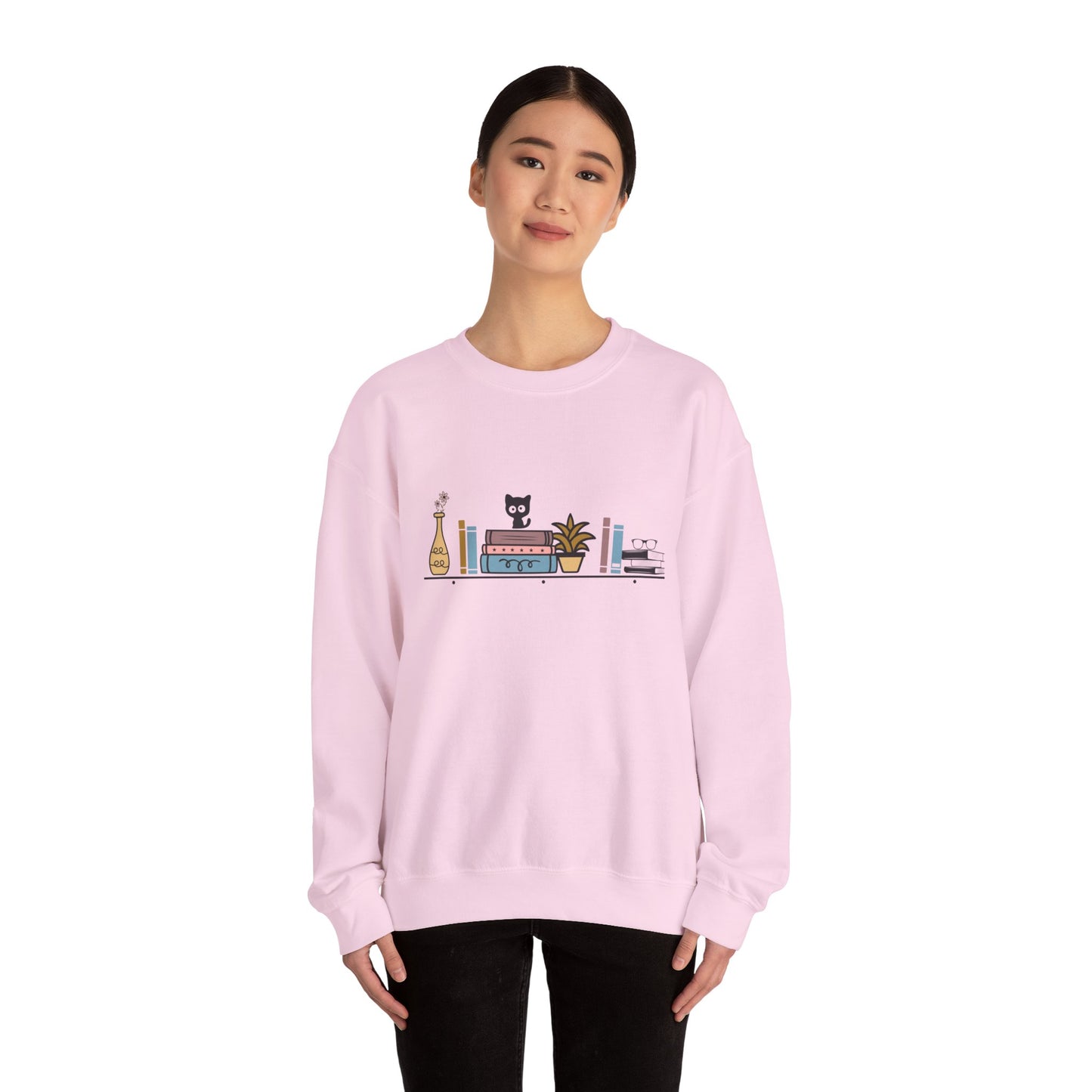 Unisex Heavy Blend™ Crewneck Sweatshirt - cute cat with books on bookshelf - sizes S - 3X