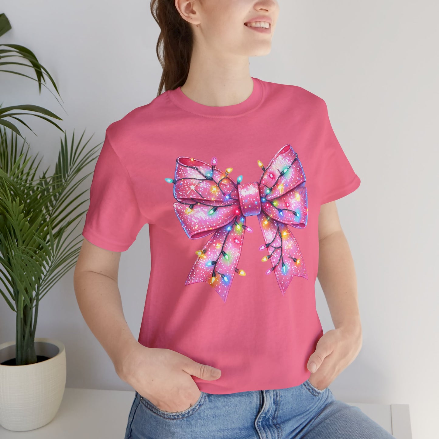 Pink Bow Christmas Tee - Festive Holiday Unisex Jersey T-shirt - sizes S - 3X