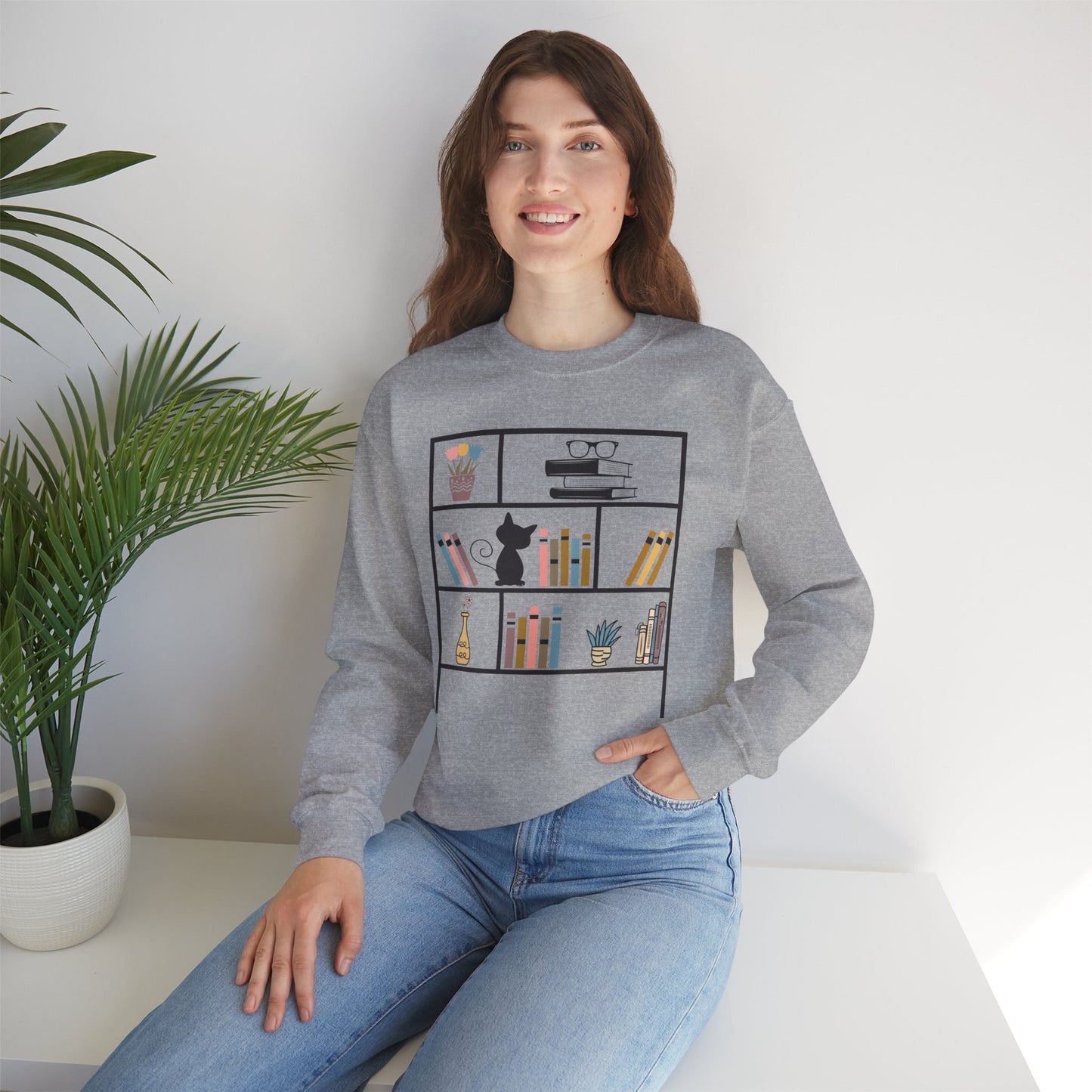 Unisex Heavy Blend™ Crewneck Sweatshirt - Cute bookshelf with cat - Sizes S - 5X