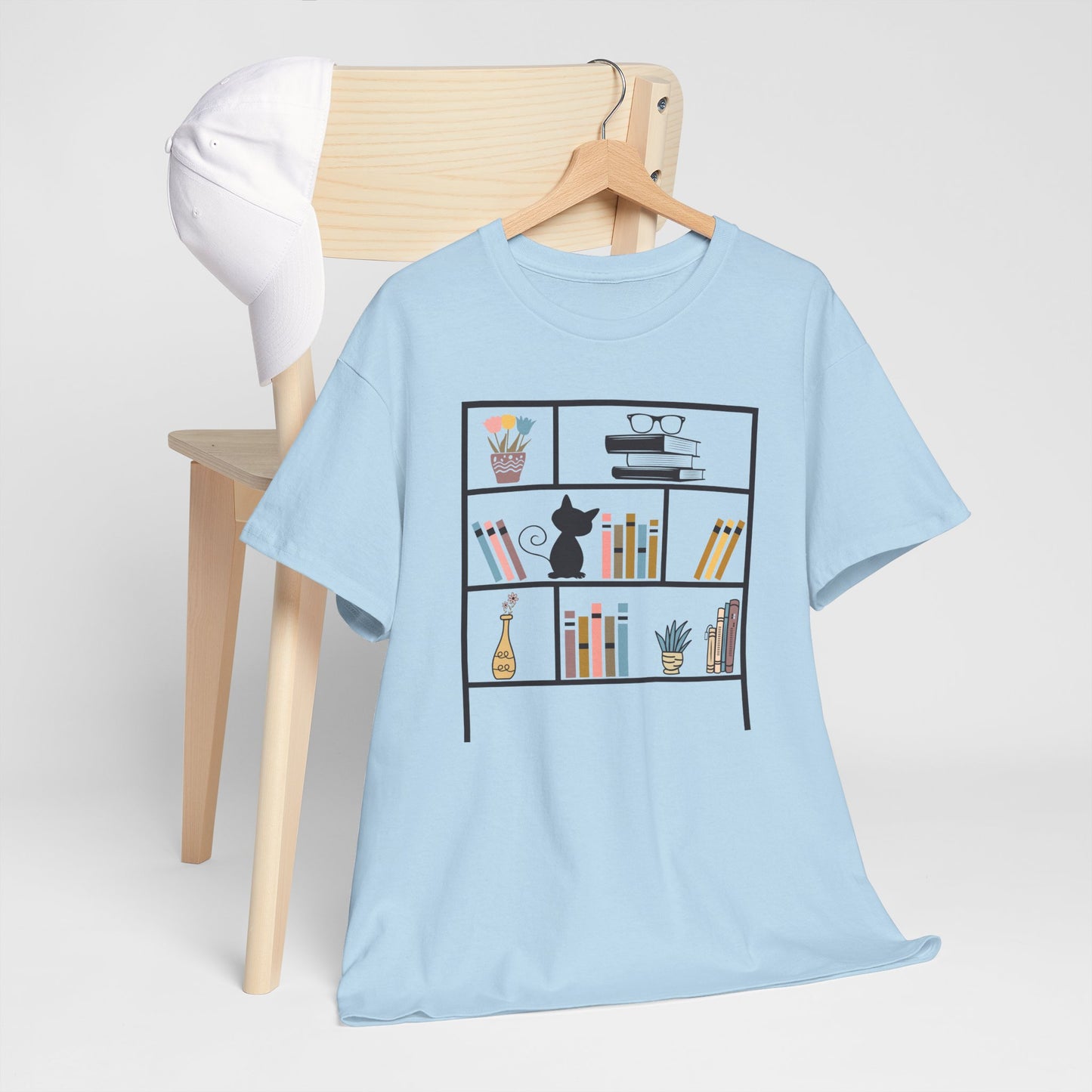 Unisex Heavy Cotton Tee - Bookshelf for books and cat