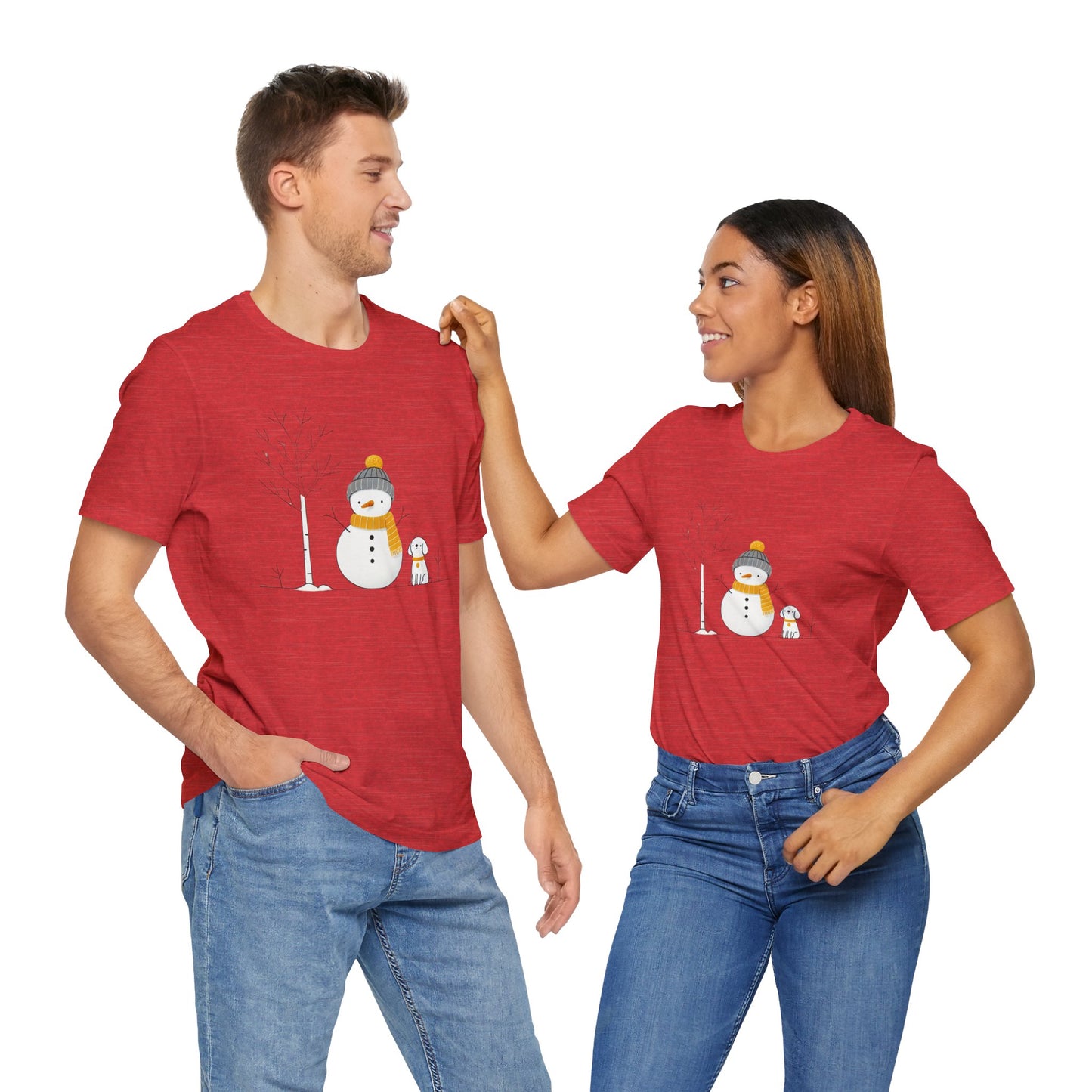 Snowman and dog winter scene Unisex Jersey Short Sleeve Tee - sizes S - 3X