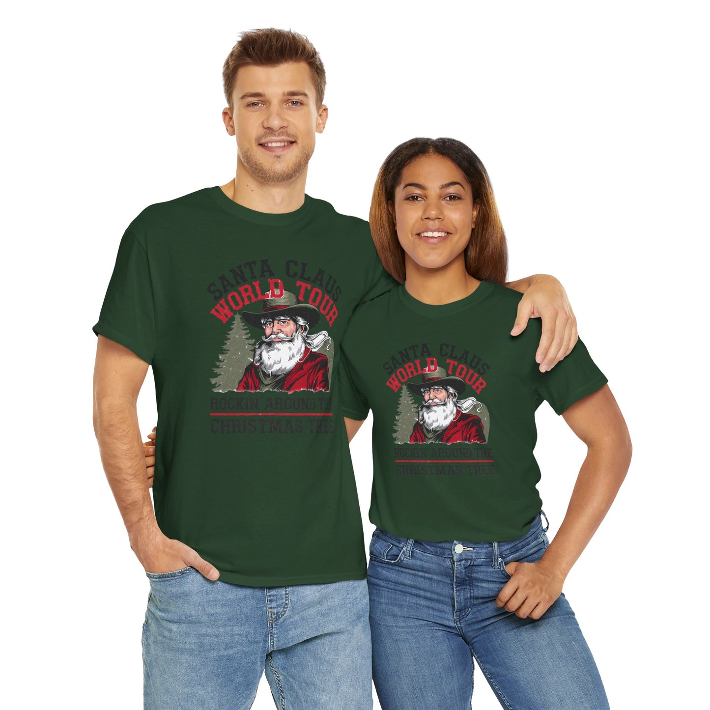 Cowboy Santa World Tour Unisex Heavy Cotton T-shirt - Christmas Funny Country Graphic Holiday Tee - sizes S - 5X