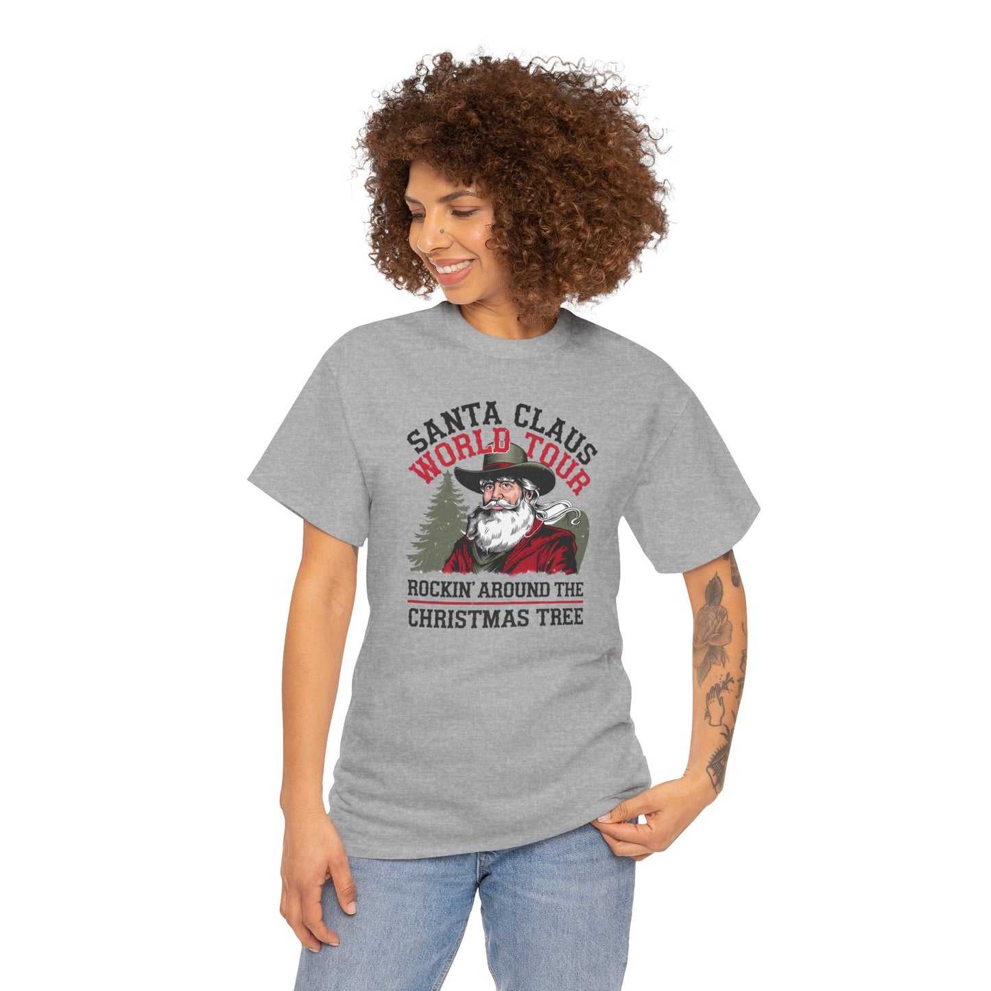 Cowboy Santa World Tour Unisex Heavy Cotton T-shirt - Christmas Funny Country Graphic Holiday Tee - sizes S - 5X