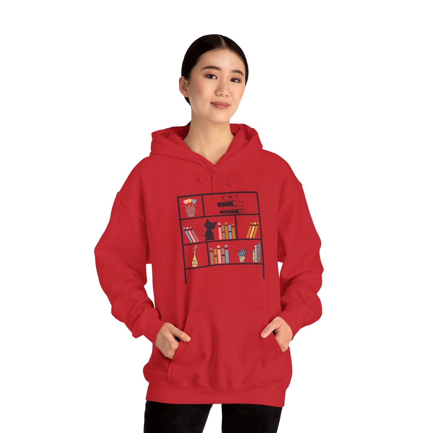 Unisex Heavy Blend™ Hooded Sweatshirt - cute bookshelf with cat - size S - 5X