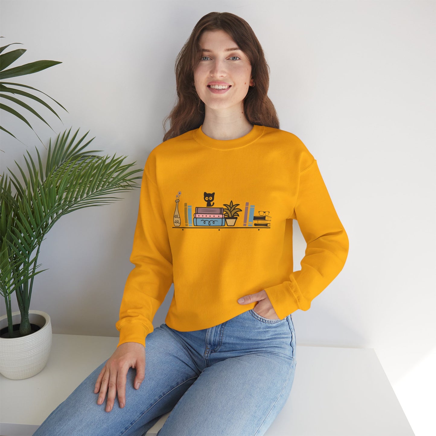 Unisex Heavy Blend™ Crewneck Sweatshirt - cute cat with books on bookshelf - sizes S - 3X