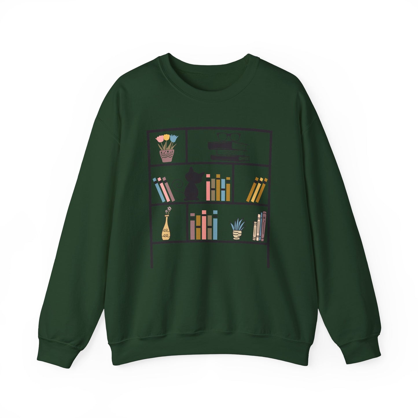 Unisex Heavy Blend™ Crewneck Sweatshirt - Cute bookshelf with cat - Sizes S - 5X