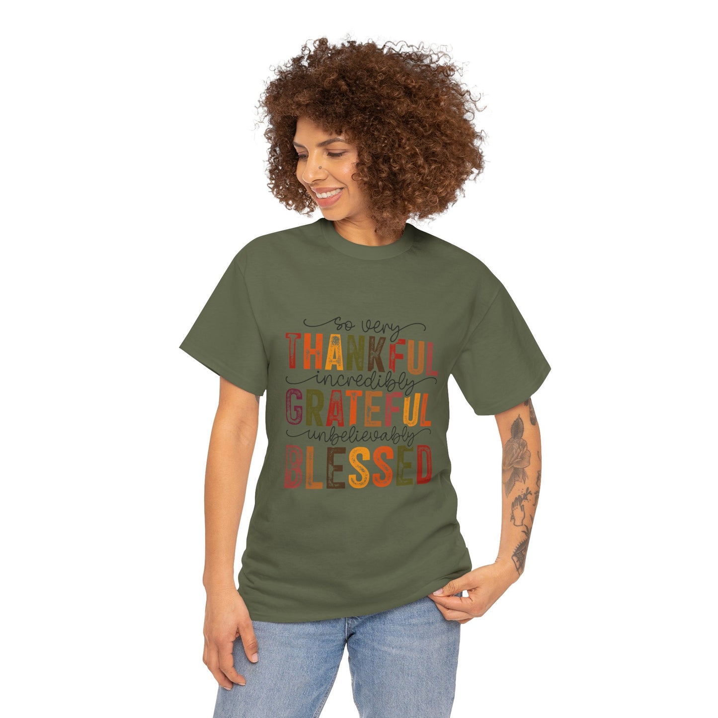 Thankful Grateful Blessed Unisex Heavy Cotton Tee - Thanksgiving Distressed Graphic T-Shirt