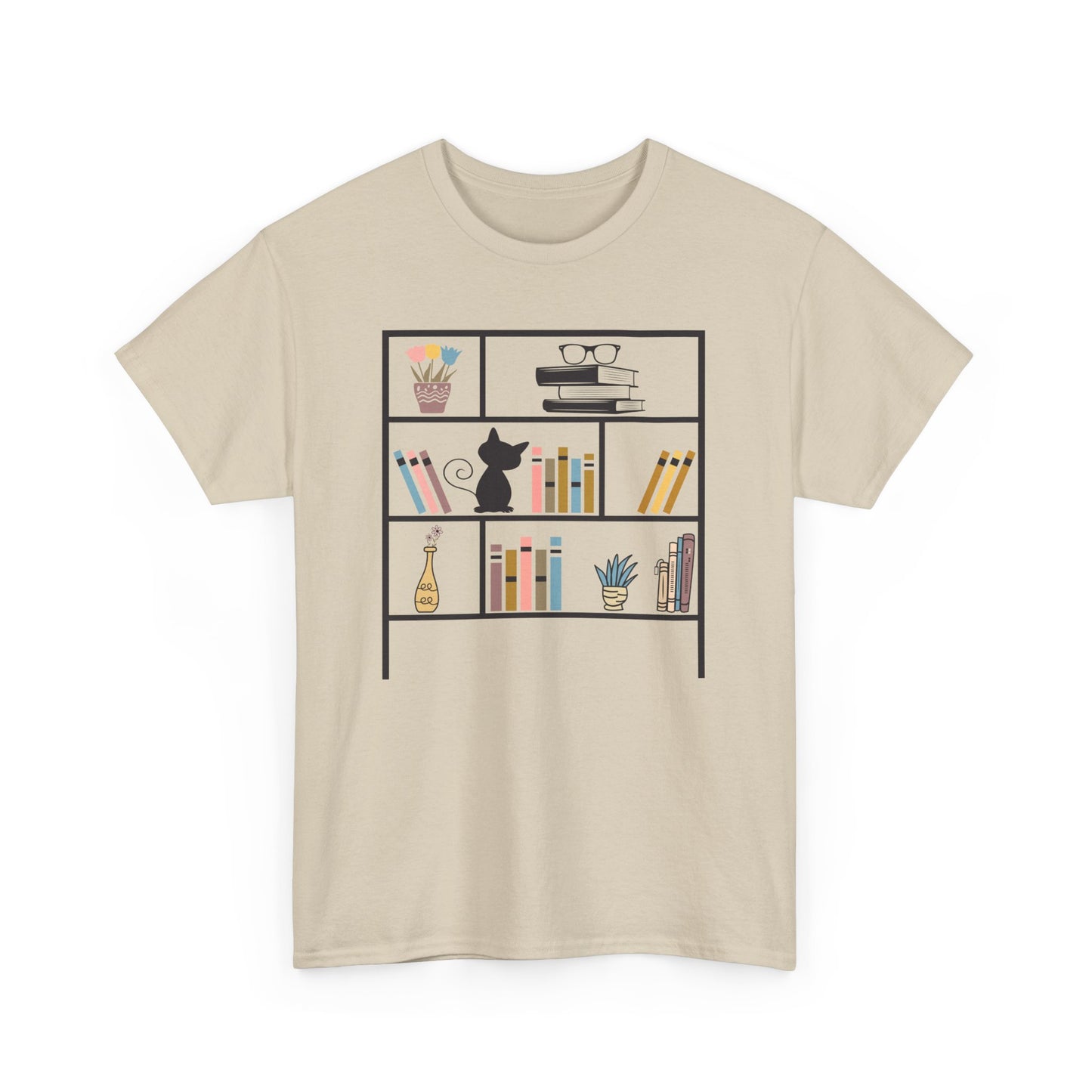 Unisex Heavy Cotton Tee - Bookshelf for books and cat