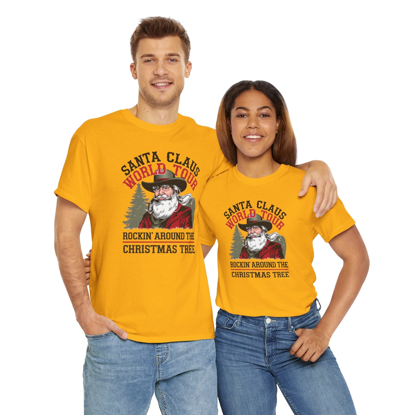 Cowboy Santa World Tour Unisex Heavy Cotton T-shirt - Christmas Funny Country Graphic Holiday Tee - sizes S - 5X