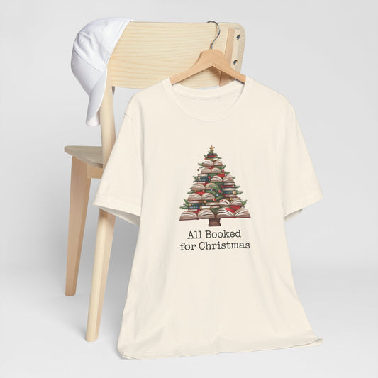 All Booked for Christmas, Book Christmas tree, Unisex Jersey Short Sleeve T-shirt - sizes S = 3X