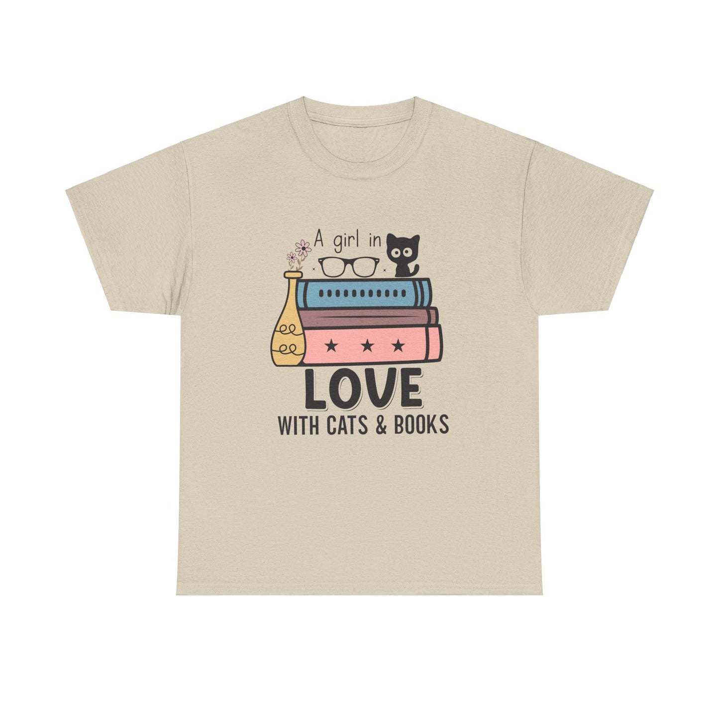 A Girl in Love with Cats and Books Unisex Heavy Cotton Tee