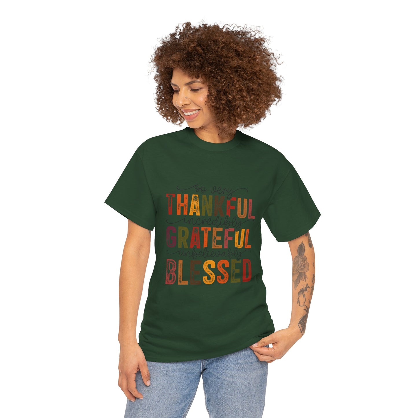 Thankful Grateful Blessed Unisex Heavy Cotton Tee - Thanksgiving Distressed Graphic T-Shirt