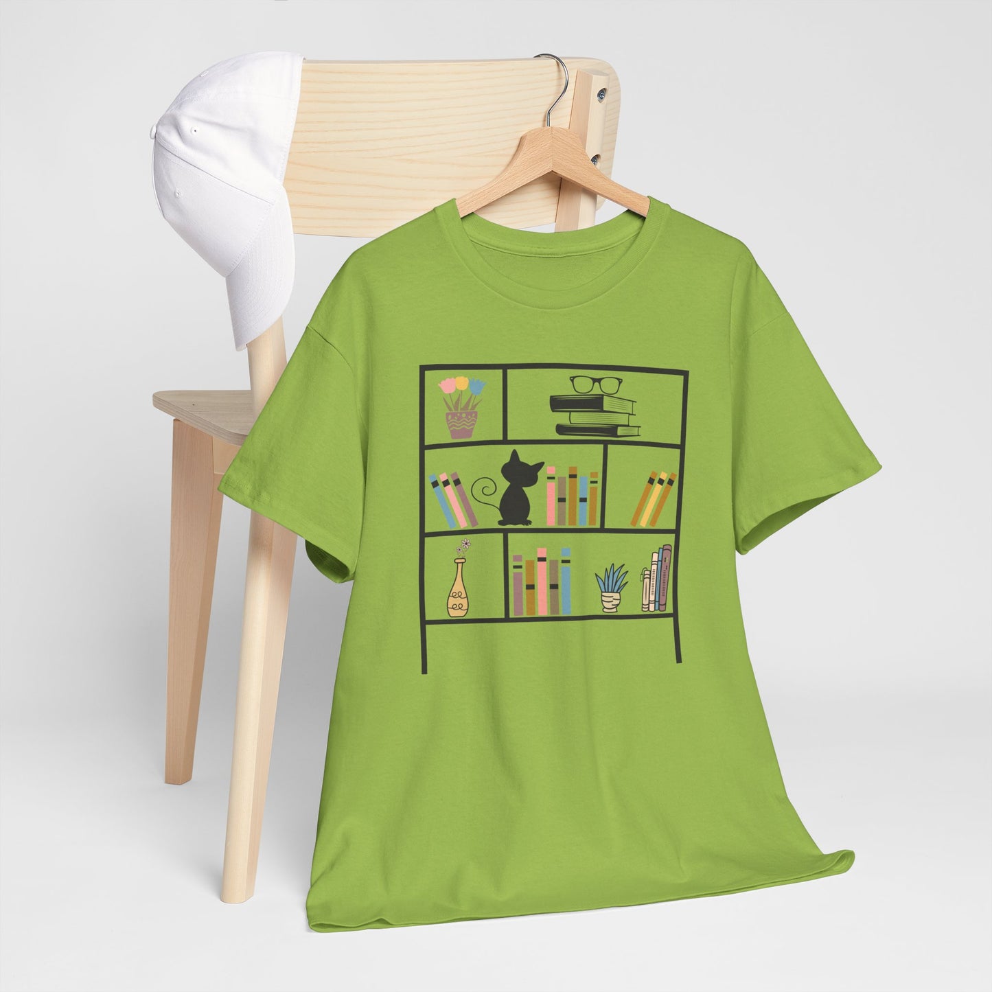 Unisex Heavy Cotton Tee - Bookshelf for books and cat