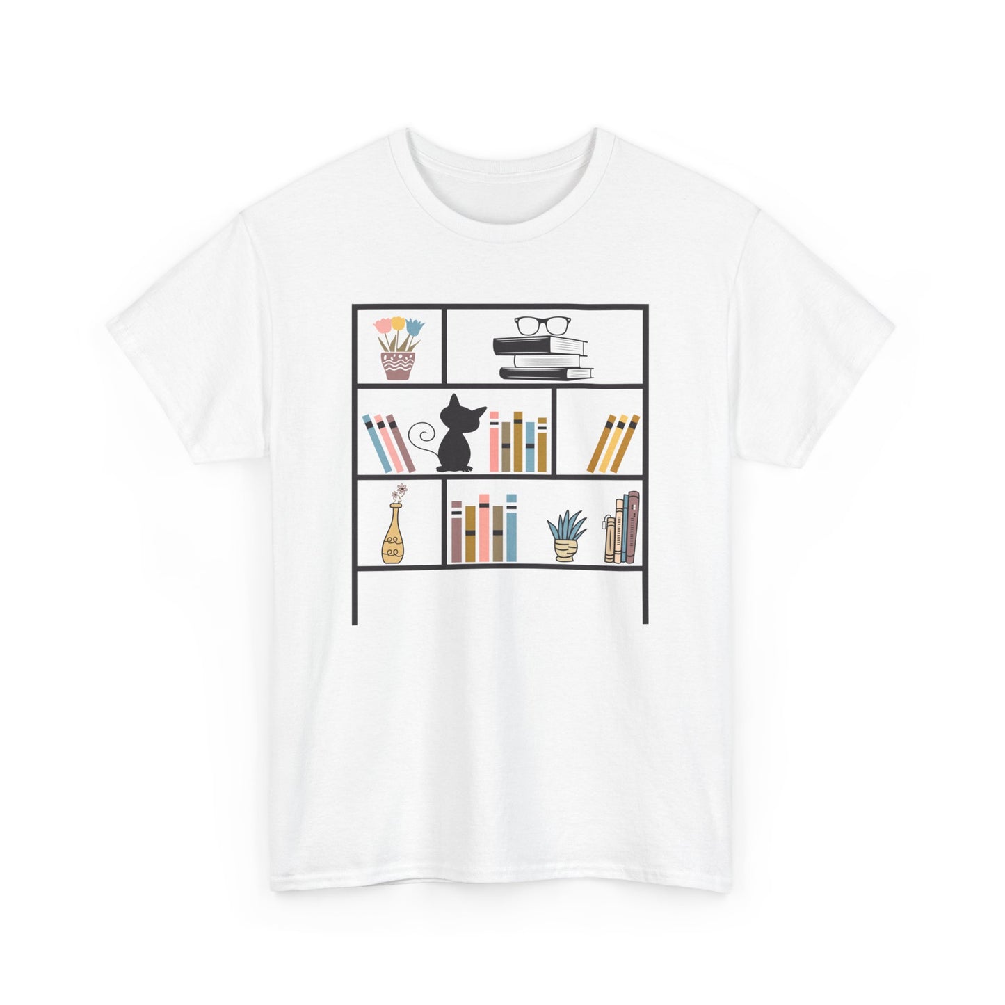 Unisex Heavy Cotton Tee - Bookshelf for books and cat