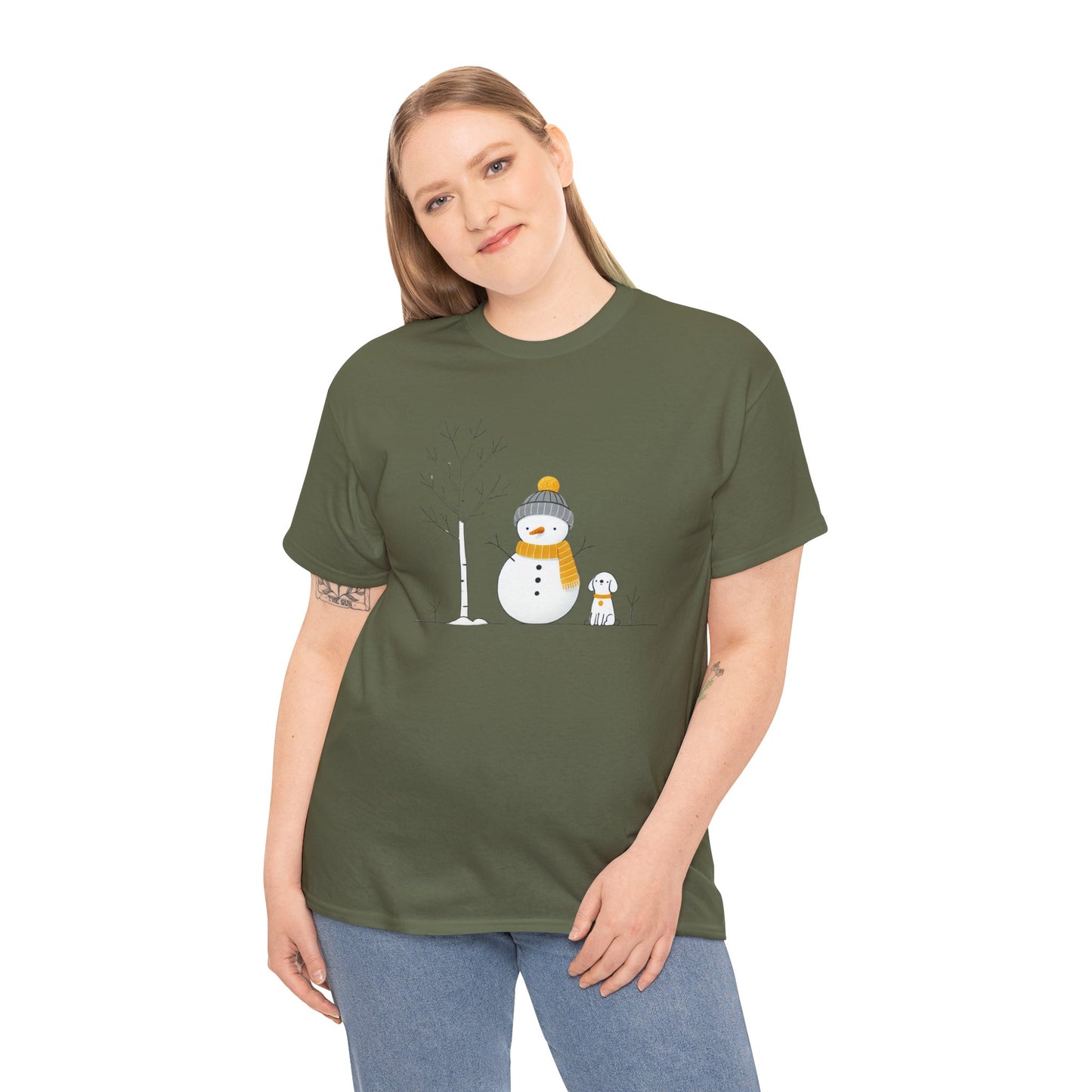 Snowman and dog Winter scene Unisex Heavy Cotton Tee - S - 3X