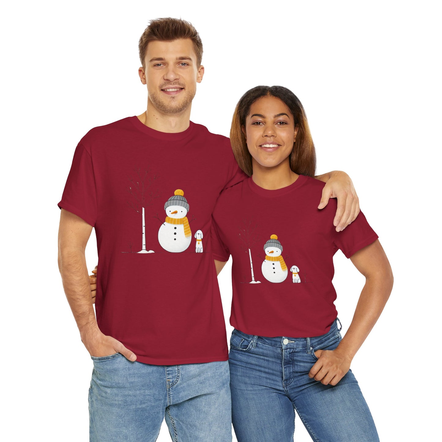 Snowman and dog Winter scene Unisex Heavy Cotton Tee - S - 3X