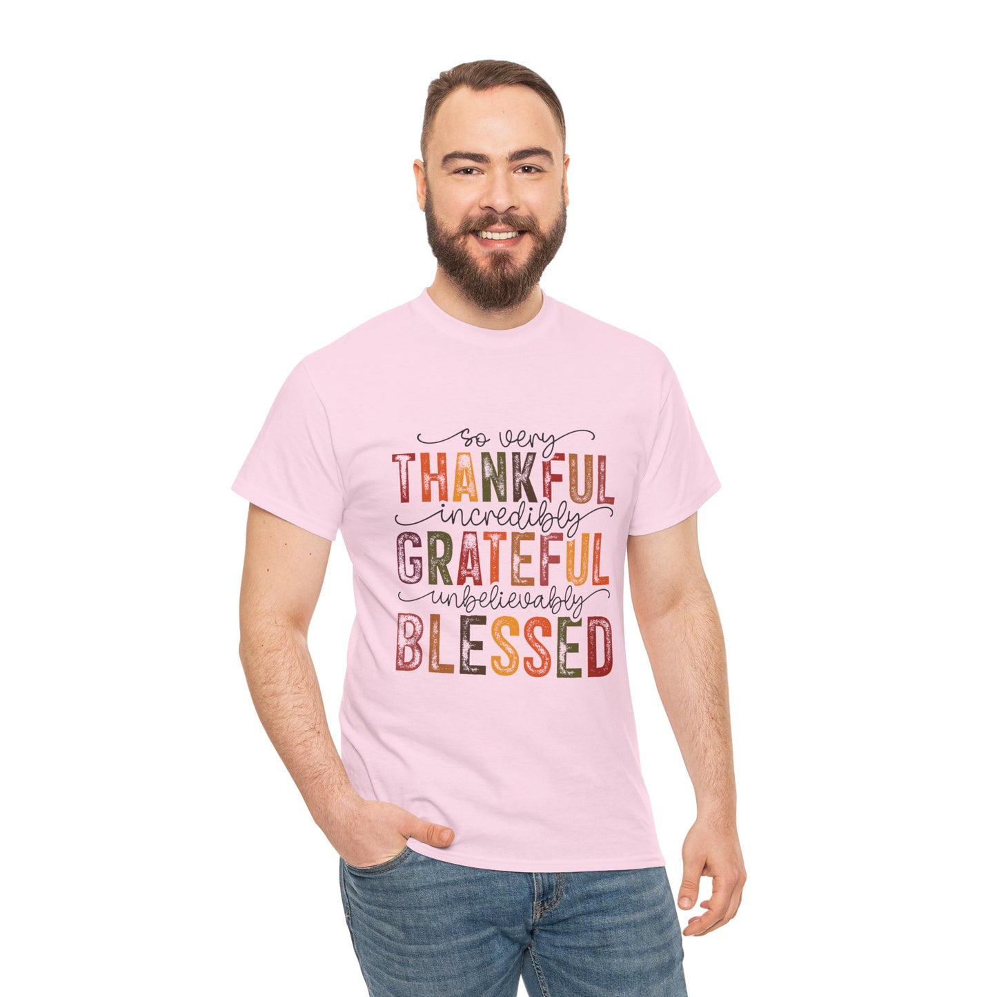 Thankful Grateful Blessed Unisex Heavy Cotton Tee - Thanksgiving Distressed Graphic T-Shirt