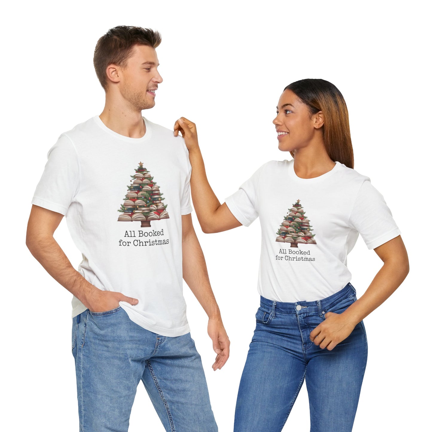 All Booked for Christmas, Book Christmas tree, Unisex Jersey Short Sleeve T-shirt - sizes S = 3X