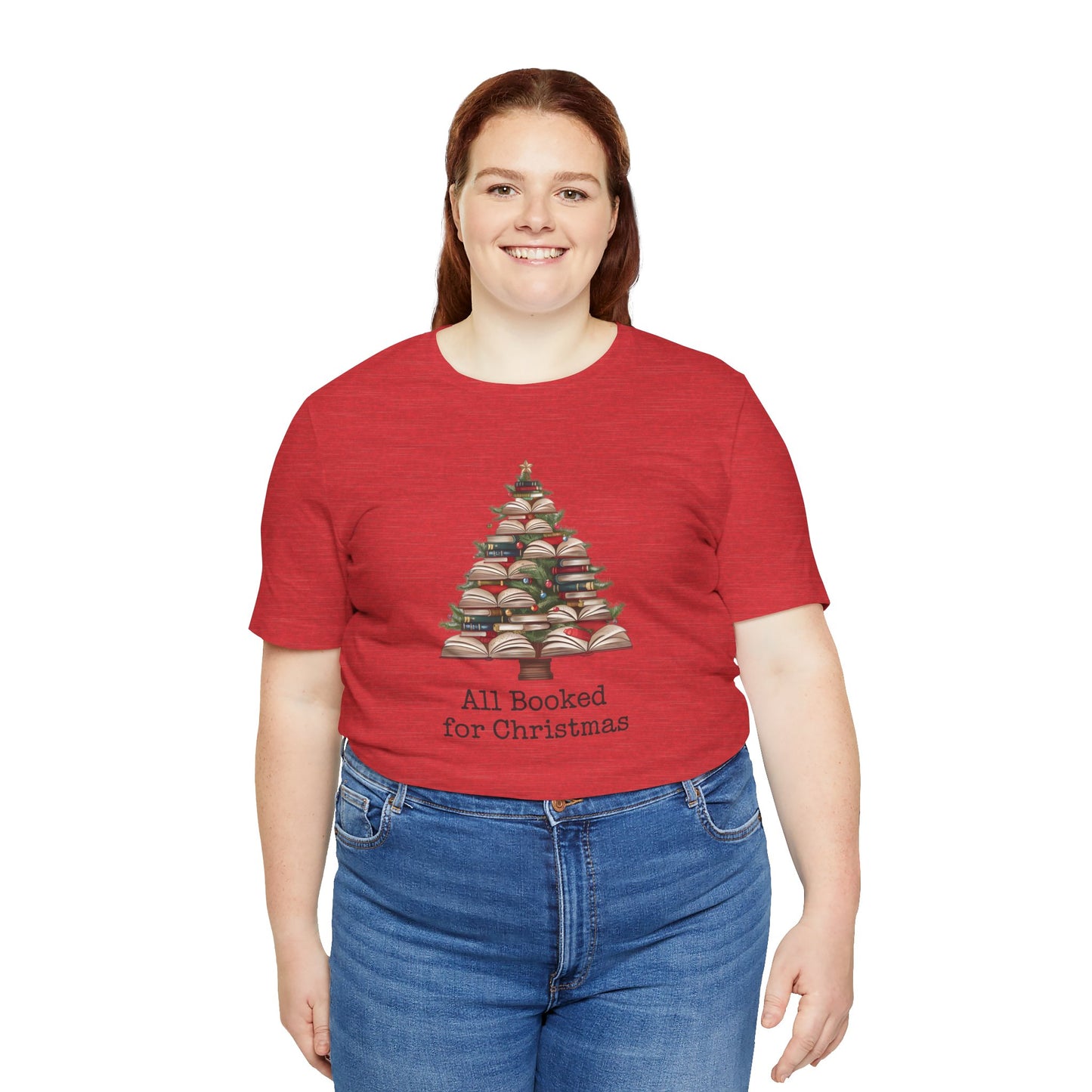 All Booked for Christmas, Book Christmas tree, Unisex Jersey Short Sleeve T-shirt - sizes S = 3X