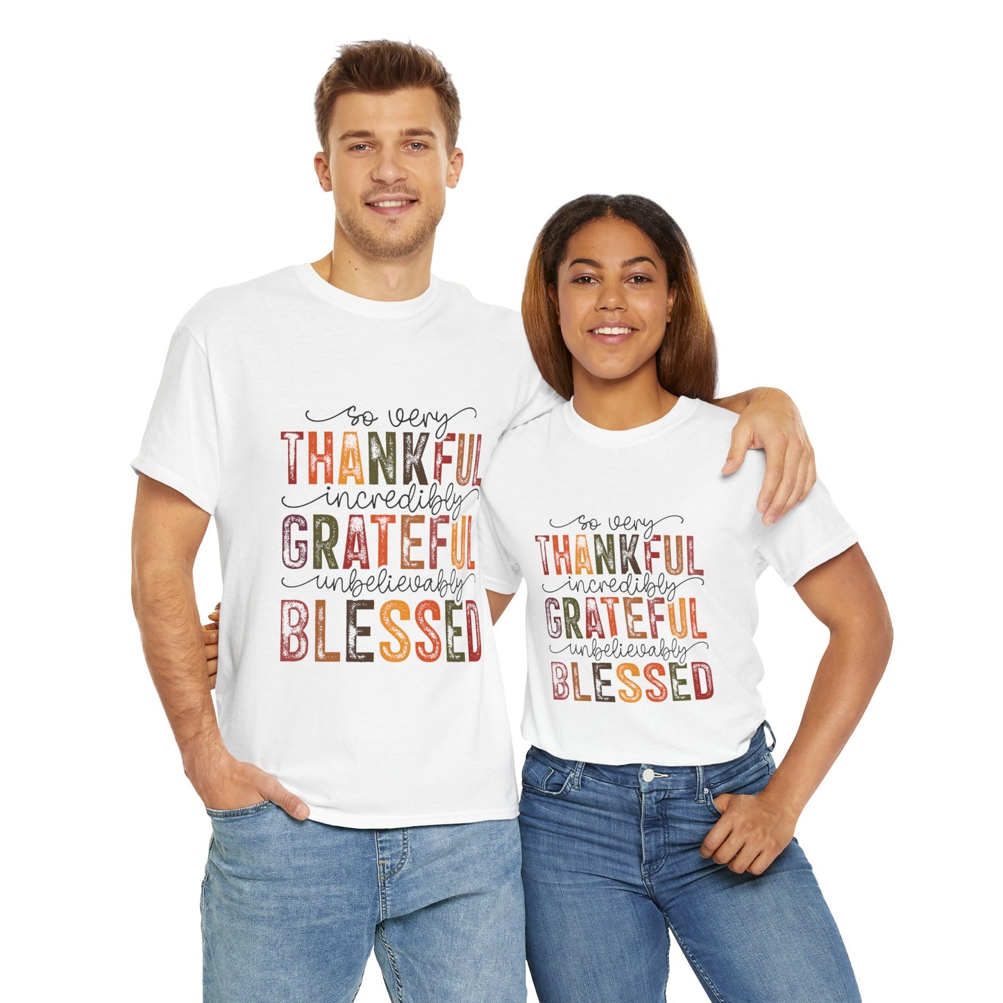 Thankful Grateful Blessed Unisex Heavy Cotton Tee - Thanksgiving Distressed Graphic T-Shirt