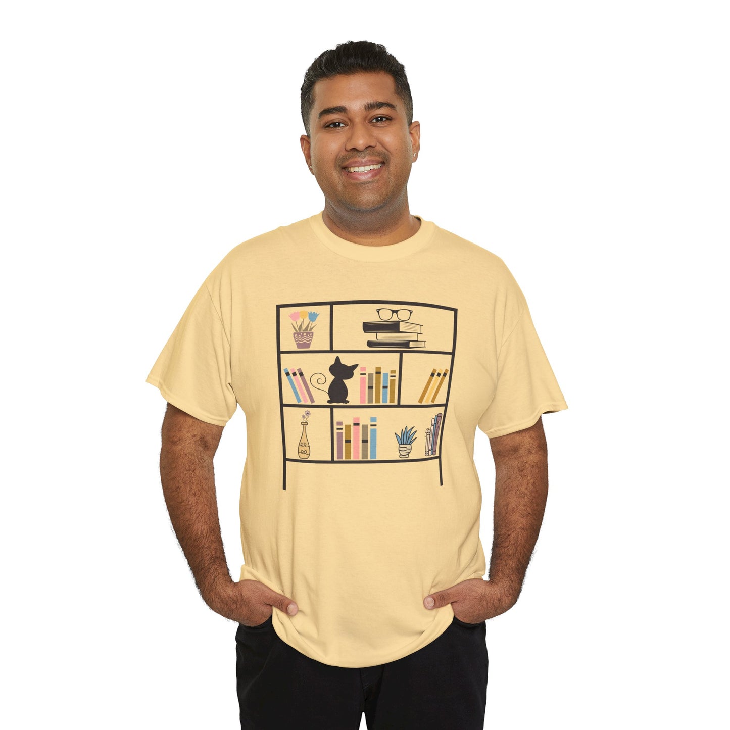 Unisex Heavy Cotton Tee - Bookshelf for books and cat