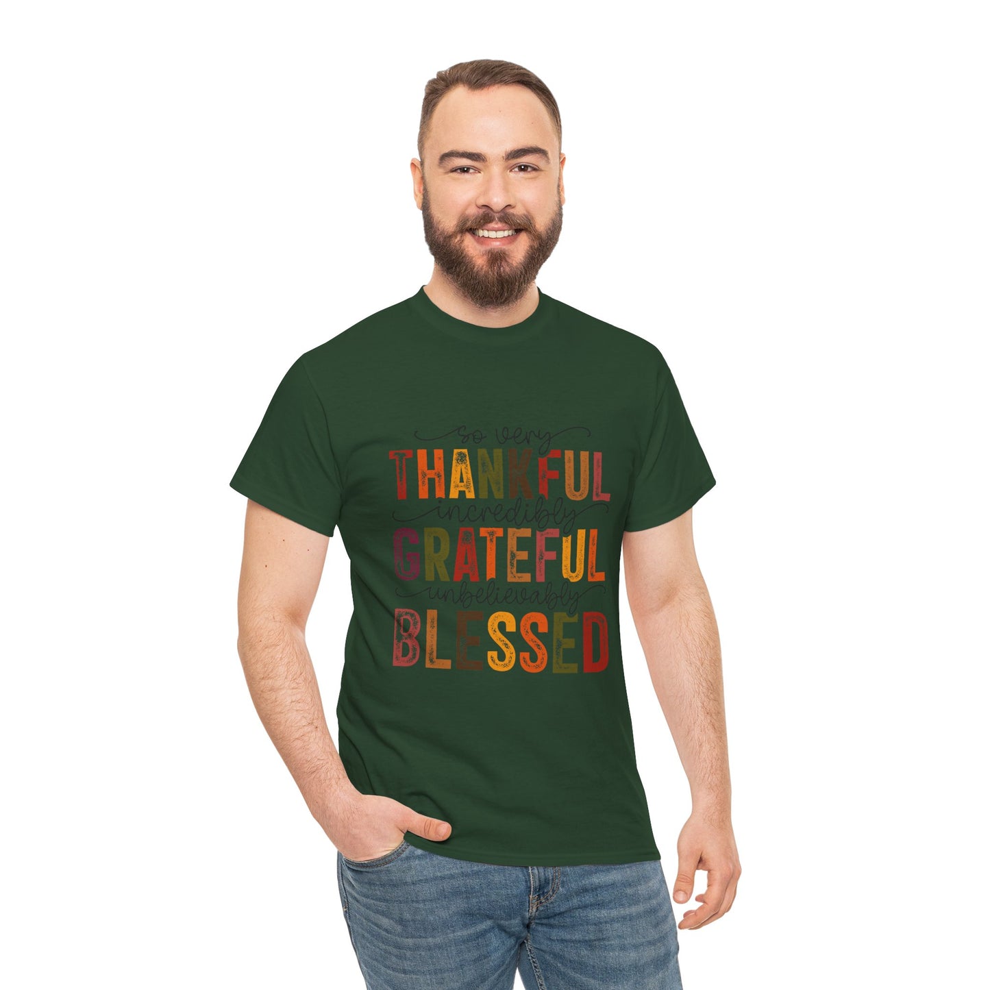 Thankful Grateful Blessed Unisex Heavy Cotton Tee - Thanksgiving Distressed Graphic T-Shirt