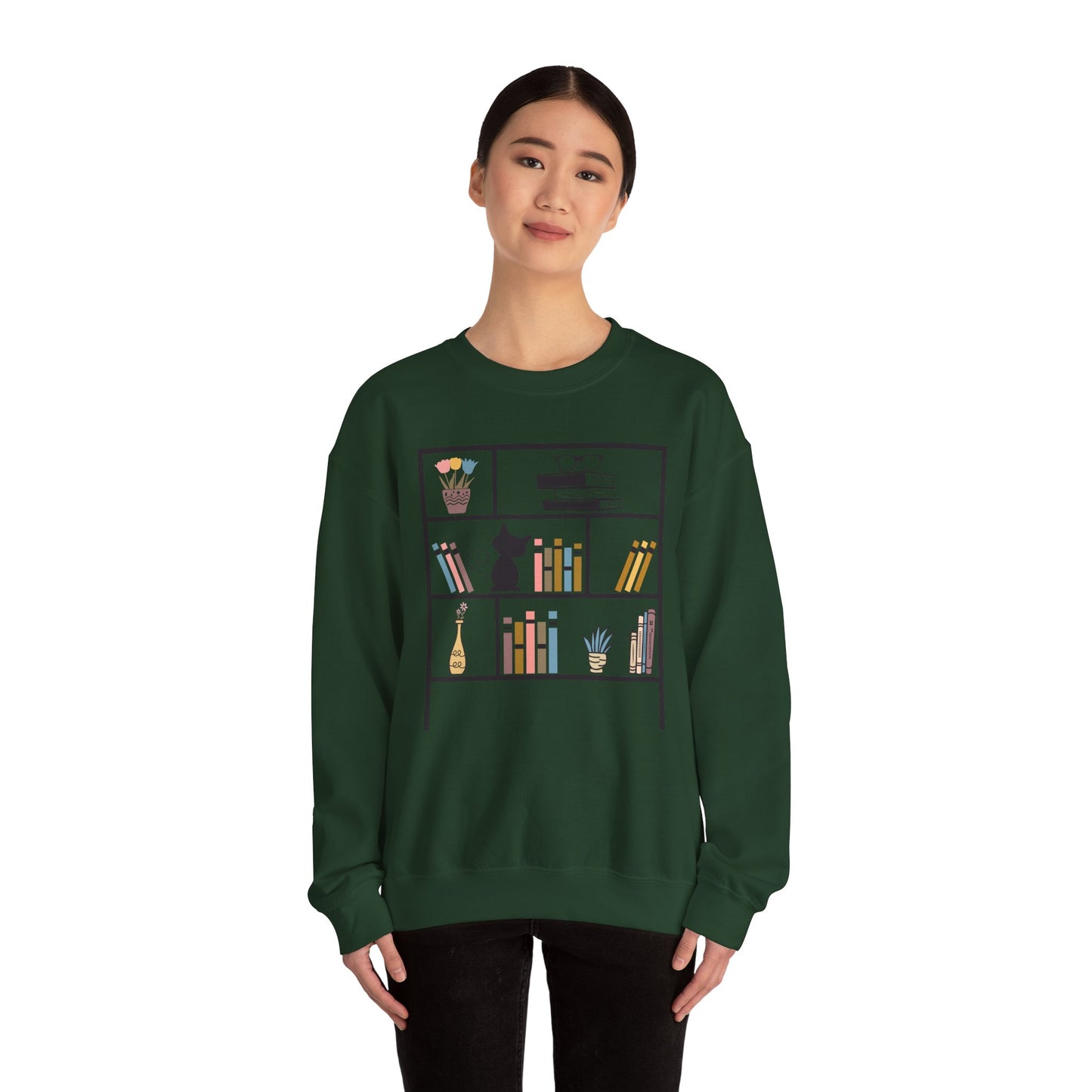 Unisex Heavy Blend™ Crewneck Sweatshirt - Cute bookshelf with cat - Sizes S - 5X