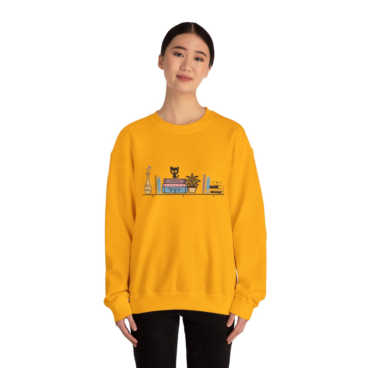 Unisex Heavy Blend™ Crewneck Sweatshirt - cute cat with books on bookshelf - sizes S - 3X