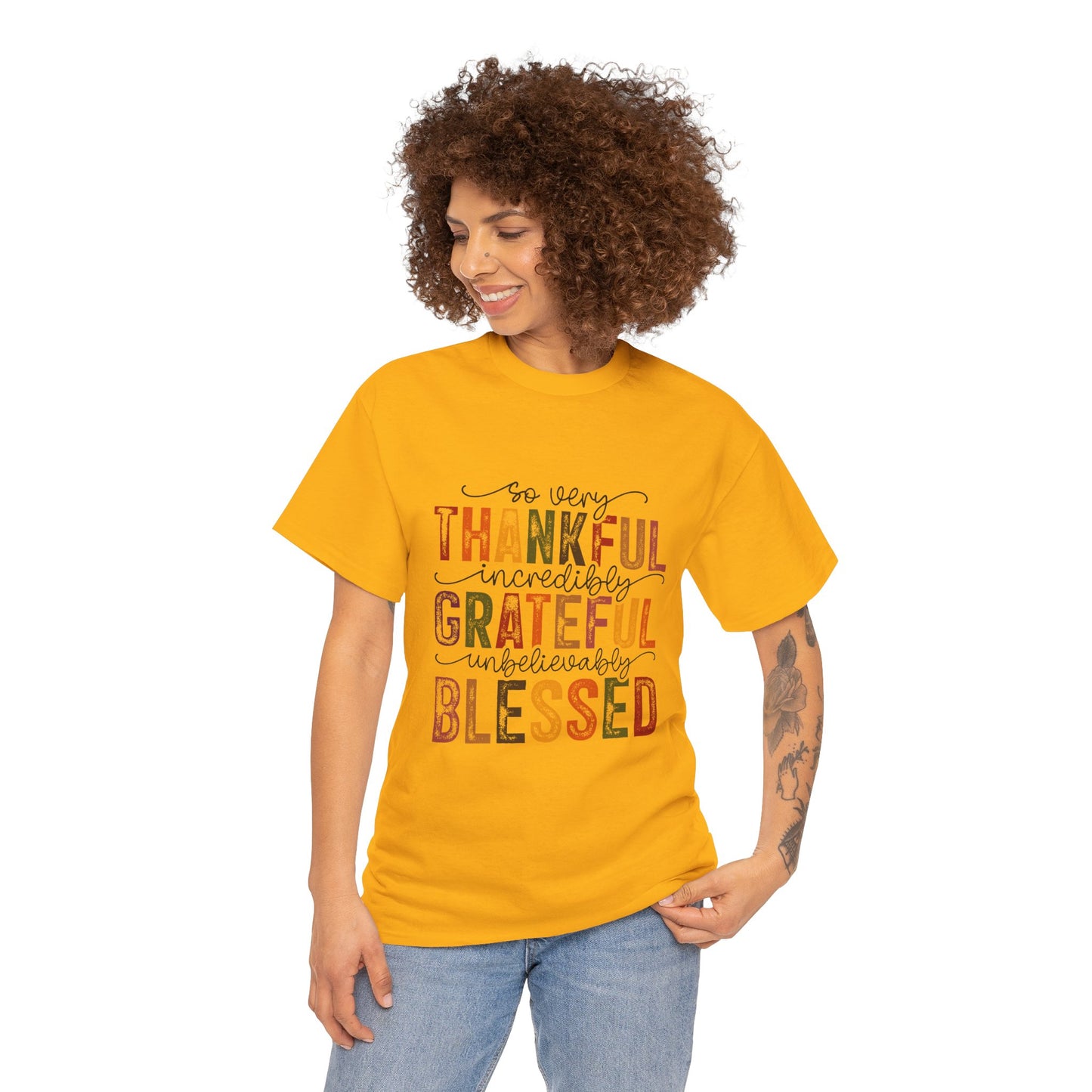 Thankful Grateful Blessed Unisex Heavy Cotton Tee - Thanksgiving Distressed Graphic T-Shirt