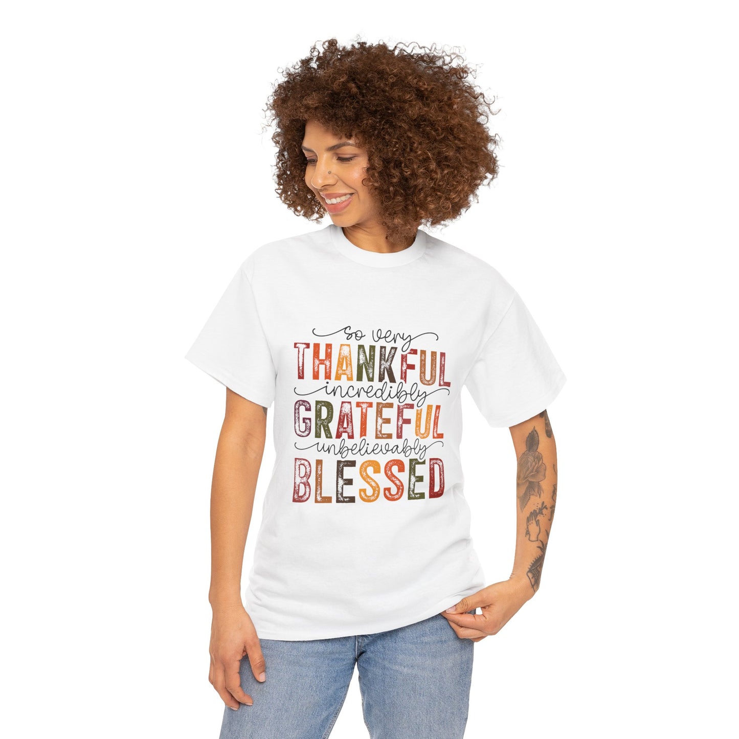 Thankful Grateful Blessed Unisex Heavy Cotton Tee - Thanksgiving Distressed Graphic T-Shirt