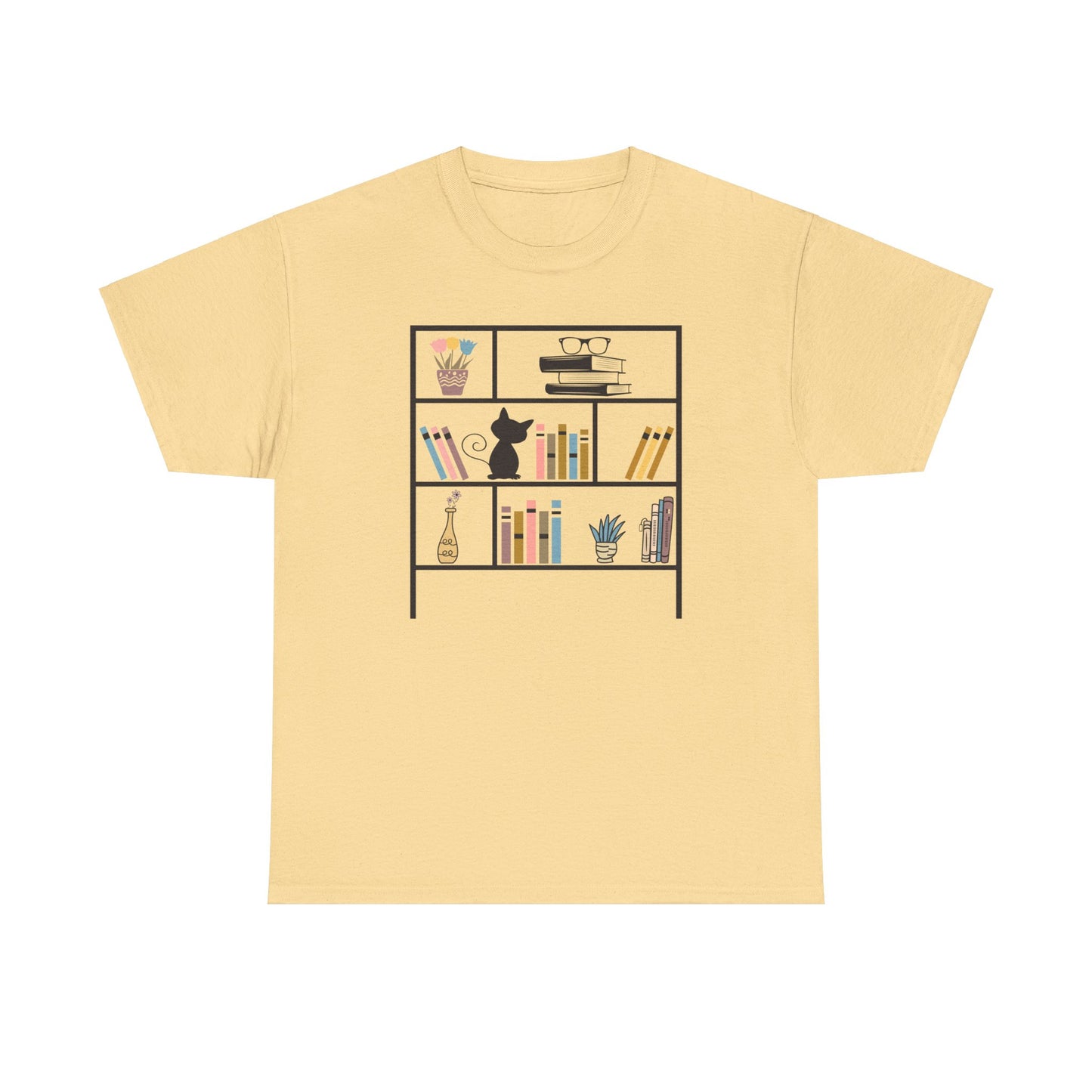 Unisex Heavy Cotton Tee - Bookshelf for books and cat