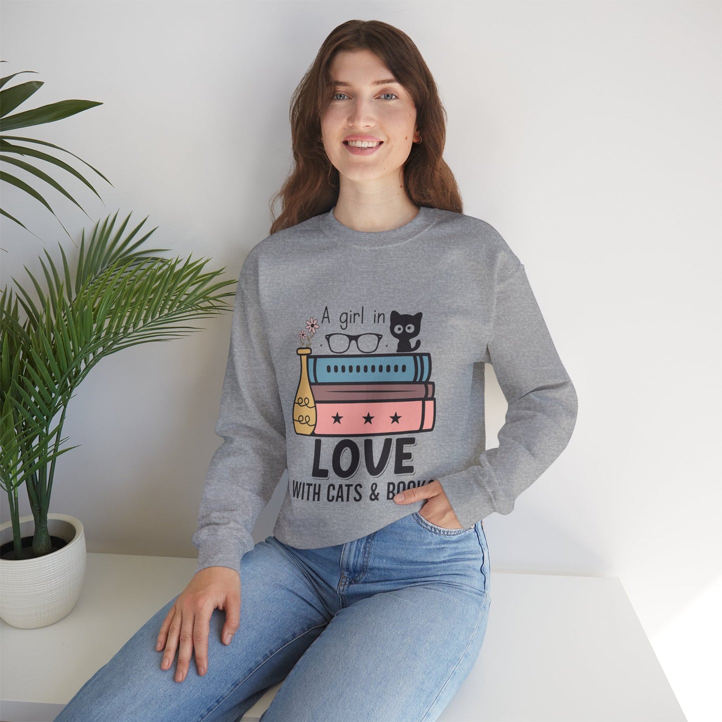 Just a girl who loves Cats and Books Unisex Heavy Blend Crewneck Sweatshirt