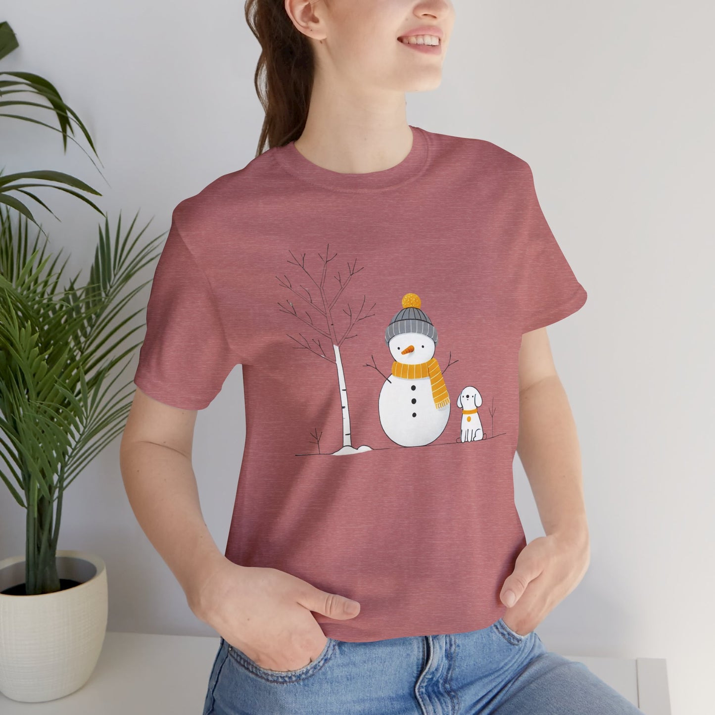 Snowman and dog winter scene Unisex Jersey Short Sleeve Tee - sizes S - 3X