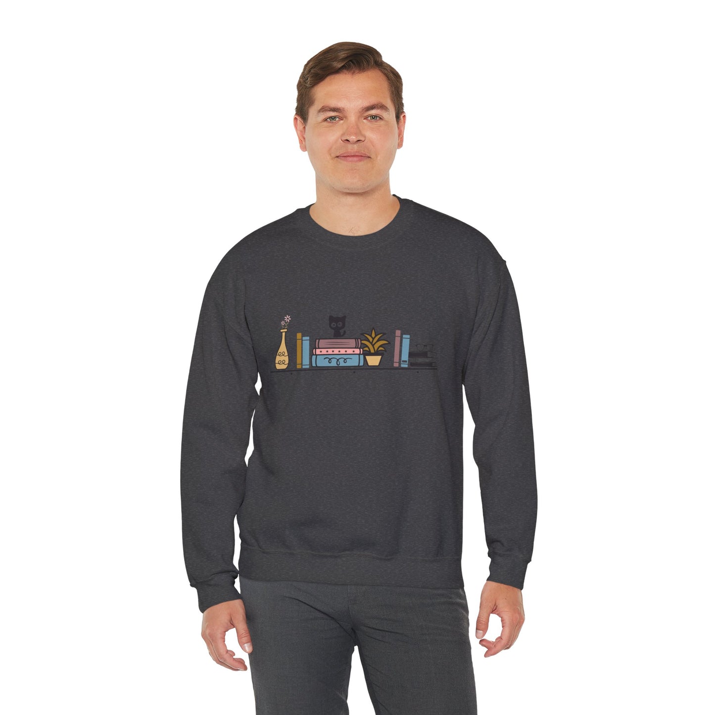 Unisex Heavy Blend™ Crewneck Sweatshirt - cute cat with books on bookshelf - sizes S - 3X