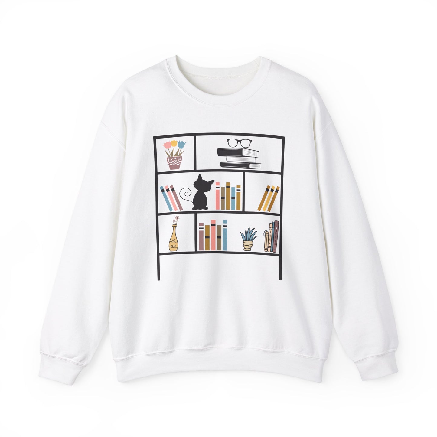 Unisex Heavy Blend™ Crewneck Sweatshirt - Cute bookshelf with cat - Sizes S - 5X