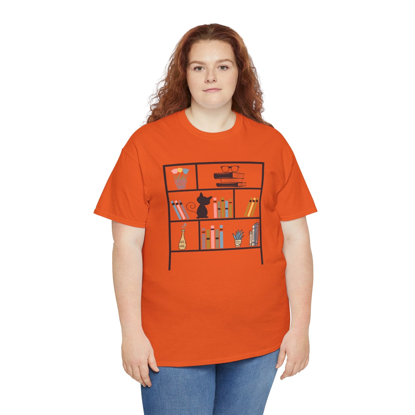 Unisex Heavy Cotton Tee - Bookshelf for books and cat