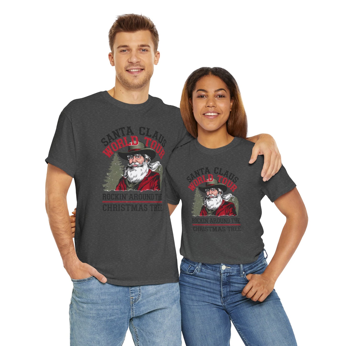 Cowboy Santa World Tour Unisex Heavy Cotton T-shirt - Christmas Funny Country Graphic Holiday Tee - sizes S - 5X