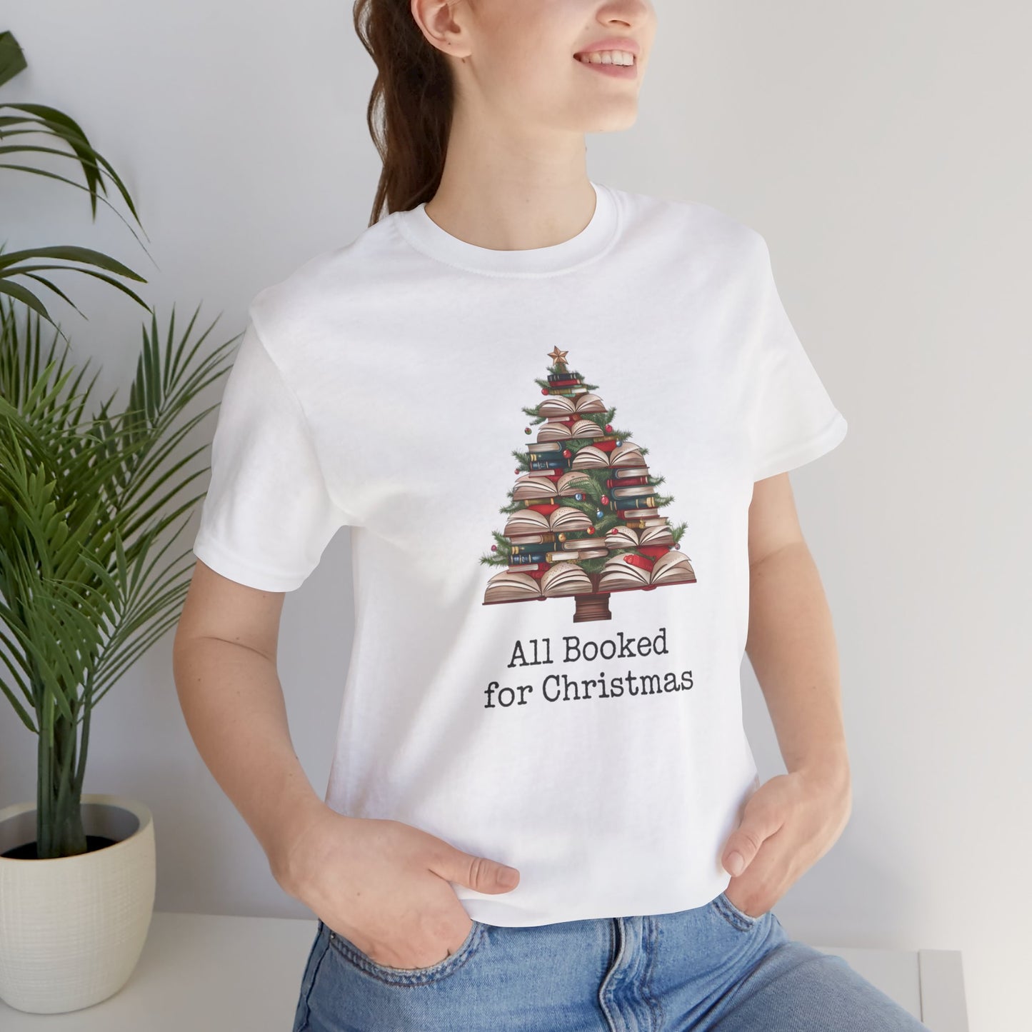 All Booked for Christmas, Book Christmas tree, Unisex Jersey Short Sleeve T-shirt - sizes S = 3X