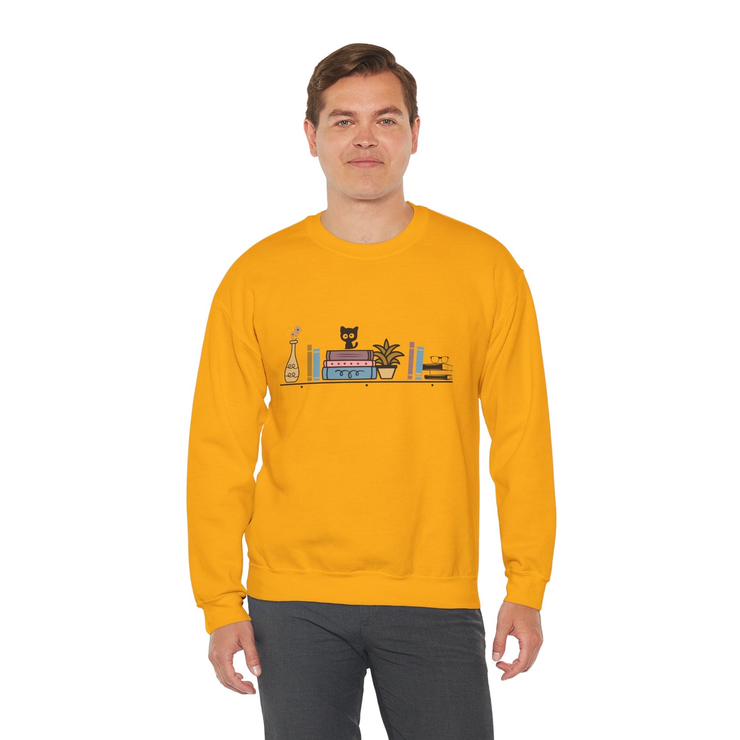 Unisex Heavy Blend™ Crewneck Sweatshirt - cute cat with books on bookshelf - sizes S - 3X